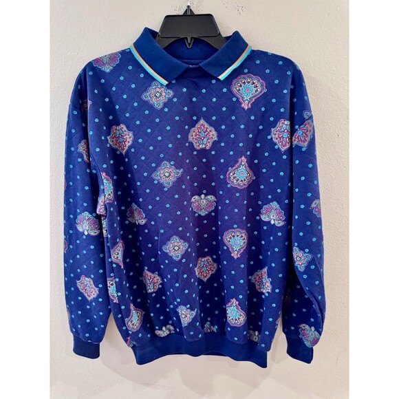 Vintage GITANO Blue Paisley Long-Sleeve Collared Polo Sweater Bold Retro Small - Picture 1 of 6